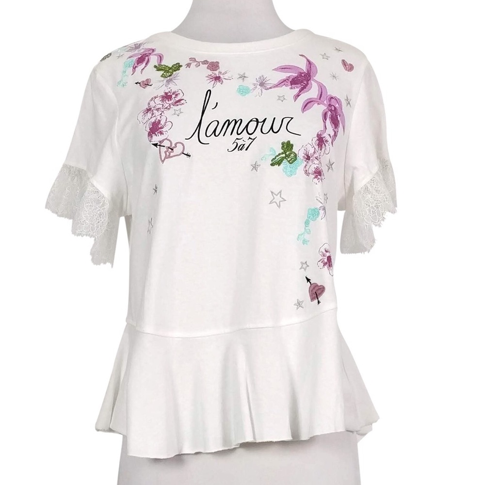 NWT Cinq a Sept Embroidered Tee w/ Lace Detail